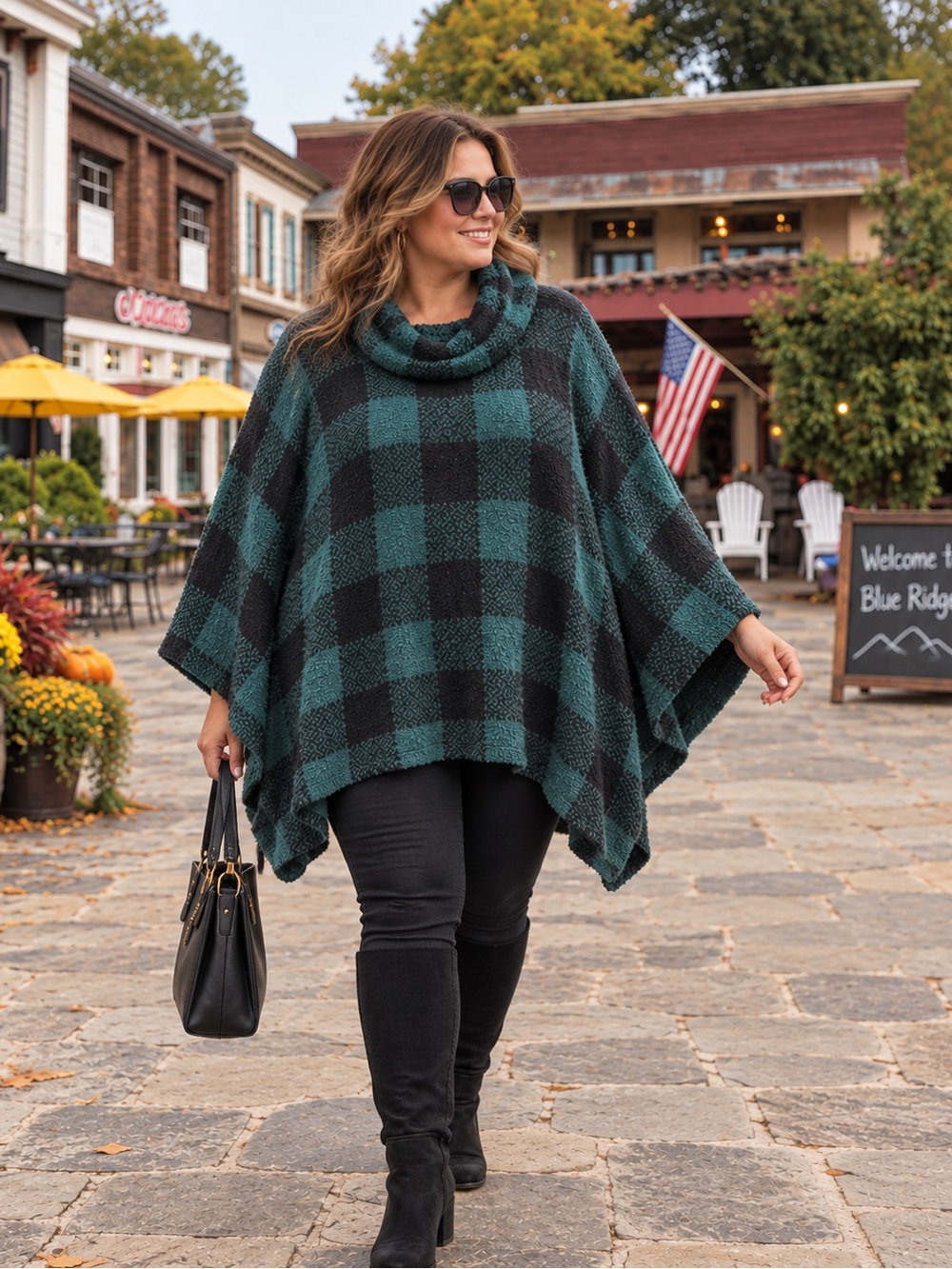 Lane Bryant 18/20 Teal Black Buffalo Plaid Cowl Neck Poncho NWT